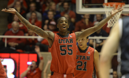 Rick Egan  | The Salt Lake Tribune 

Utah Utes guard Delon Wright (55) celebrates as the Utes take a huge lead over the Cougars, in basketball action, at the Huntsman Center, Saturday, December 14, 2013. Wright will be one of 30 college basketball players to attend the 2014 Lebron James Skills Academy from July 9-12 in Las Vegas.