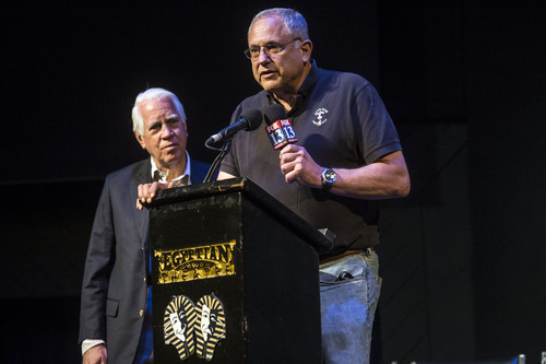 Chris Detrick  |  The Salt Lake Tribune
Jim Tozer and Ken Davis speak during a press conference at the Egyptian Theatre Park City on Tuesday, July 8, 2014. The Egyptian Theatre announced a fundraising initiative called "SOB -- Save Our Banksy," asking supporters of the arts and Banksy fans around the world to donate in order to preserve the piece and keep it outside for public viewing.