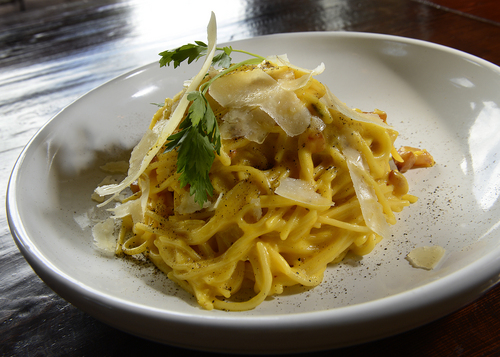 Scott Sommerdorf   |  The Salt Lake Tribune
Spaghetti Carbonara, with house cured gunaciale, egg, cracked pepper, and Parmesan, at the Honeycomb Grill (formerly Kimi's) at Solitude Mountain Resort.