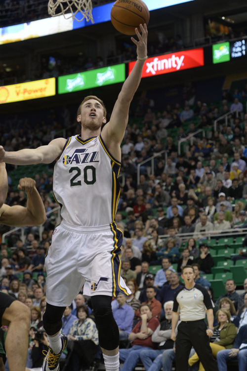 Rick Egan  | The Salt Lake Tribune 

Utah Jazz shooting guard Gordon Hayward (20), goes inside for two points, in NBA action, at the EnergySolutions Arena, Monday, February 24, 2014.