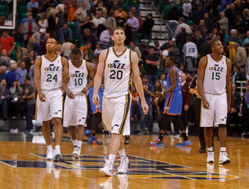 Trent Nelson  |  The Salt Lake Tribune
Utah Jazz guard Gordon Hayward (20) walks off the court after missing the final shot of the game as the Utah Jazz host the Oklahoma City Thunder, NBA Basketball at EnergySolutions Arena in Salt Lake City, Wednesday October 30, 2013.