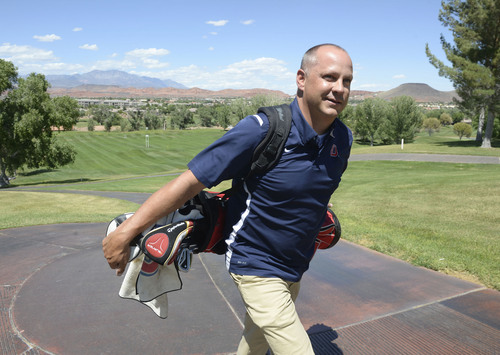 Al Hartmann  |  The Salt Lake Tribune 
Golfer Brad Sutterfield, a former Brighton High School golfer reached the highest level of golf but only for a year.  He managed to climb the ladder to play in PGA tours for one year but didn't make the cut the following year.  He wouldn't trade that year's experience but doesn't regret his change of life.  He now coaches the Dixie University golf team and lives in St. George with his family.