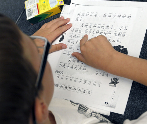 Al Hartmann  |  Tribune file photo  

The Jordan School District has seen enrollment skyrocket in its dual immersion language programs. A third-grader follows along during a reading excercise in the Chinese-English dual immersion  program at Foothills Elementary in Riverton in 2012. Two sons of the state senator who wrote Utah's dual immersion language program into law are launching a foundation to spread the concept to other states.