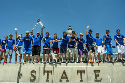 Chris Detrick  |  The Salt Lake Tribune
Members of the Razor Crusaders pose for pictures in front of the State Capitol Saturday July 12, 2014.  The 26 member team rode over 380 miles in relay format from St. George to Kaysville starting Thursday afternoon and ending Saturday afternoon. The "Ride for Diabetes" is raising awareness and money for diabetes research.