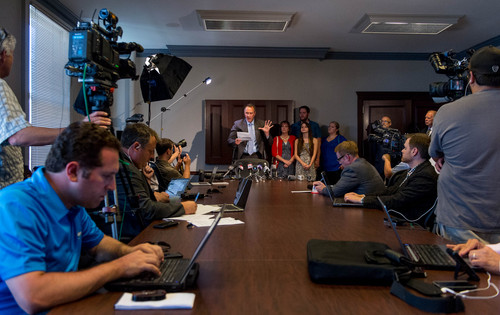 Trent Nelson  |  The Salt Lake Tribune
Former Utah Attorney General Mark Shurtleff addresses his arrest on ten felony counts today, during a press conference in Salt Lake City, Tuesday July 15, 2014.
