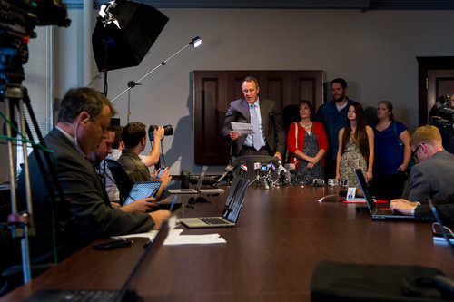 Trent Nelson  |  The Salt Lake Tribune
Former Utah Attorney General Mark Shurtleff addresses his arrest Tuesday, July 15, 2014, on 10 felony counts during a press conference in Salt Lake City.