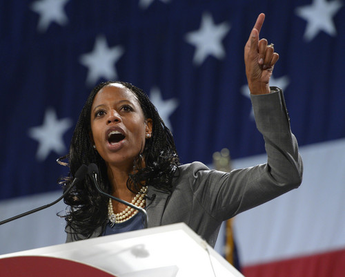 Leah Hogsten  |  The Salt Lake Tribune
4th Congressional District candidate Mia Love won the nomination with 78 percent of the votes at the Utah Republican Party 2014 Nominating Convention at the South Towne Expo Center, Saturday, April 26, 2014.