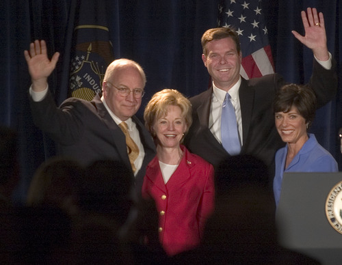 Steve Griffin  |  Tribune file photo

United States Vice President Dick Cheney, his wife Lynne Cheney, John Swallow and his wife Suzanne wave to the audience prior to the Vice President's speech at the Little America in Salt Lake City July 28, 2004.