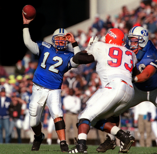 (Tribune file photo)
Steve Sarkisian releases a pass as BYU faces UTEP on Nov. 2, 1996. BYU would go on to win 40-18.
