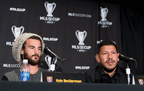 Trent Nelson  |  The Salt Lake Tribune
Real Salt Lake's Kyle Beckerman and Nick Rimando speak about their upcoming MLS Cup game during a press conference in Kansas City, Thursday December 5, 2013.