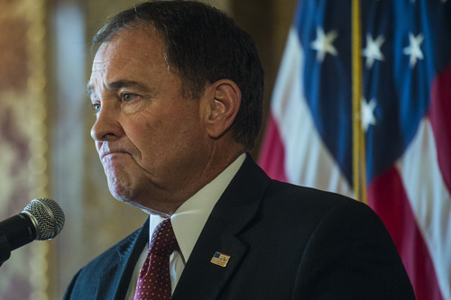 Chris Detrick  |  The Salt Lake Tribune
Utah Governor Gary R. Herbert speaks during a press conference in the Gold Room at the State Capitol Wednesday June 25, 2014. Gov. Gary Herbert issued a statement saying he was disappointed." "I believe states have the right to determine their laws regarding marriage. I am grateful the Court issued a stay to allow time to analyze the decision and our options. But as I have always said, all Utahns deserve clarity and finality regarding same-sex marriage and that will only come from the Supreme Court."