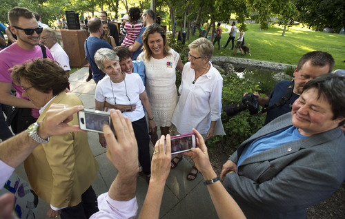Steve Griffin  |  The Salt Lake Tribune


Attorney's and plaintiffs stand for photographs as they join Utah Unites for Marriage at City Creek Park in Salt Lake City, Utah Wednesday, June 25, 2014, to celebrate the historic decision in Kitchen v. Herbert and stepping-stone toward the freedom to marry.