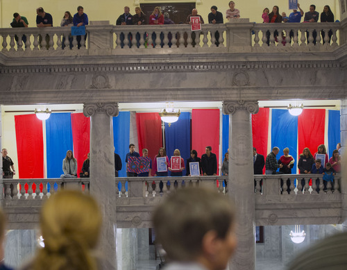Steve Griffin  |  The Salt Lake Tribune

Supporters line the upper floors of the Capitol as hundreds of advocates of traditional marriage filled the Rotunda as they rally at the Utah State Capitol in Salt Lake City Wednesday, January 29, 2014.
