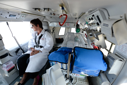 Francisco Kjolseth  |  The Salt Lake Tribune
Neonatalology physician Mariana Baserga gets a bird's eye view of the Salt Lake Valley as University of Utah Health Care introduces its perinatal operations. The new perinatal AirMed team will begin transporting newborns from zero to 30 days.