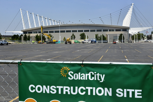 Scott Sommerdorf   |  The Salt Lake Tribune
Construction is underway on a parking structure just southeast of the Olympic Oval, Thursday, July 17, 2014. The Utah Olympic Legacy Foundation has rounded up funding from a number of sources, including Salt Lake County, and will announce Monday the plan to develop a parking structure topped with solar panels that will help defray $100,000 in electrical bills annually at the Utah Olympic Oval in Kearns.