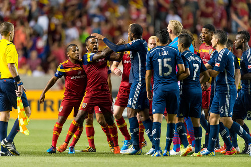 Trent Nelson  |  The Salt Lake Tribune
Real Salt Lake and Vancouver Whitecaps players trade shoves at Rio Tinto Stadium in Sandy, Saturday July 19, 2014.