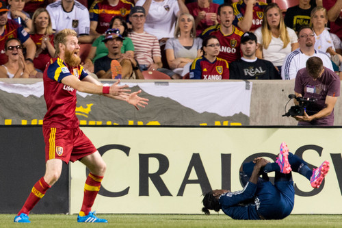 Trent Nelson  |  The Salt Lake Tribune
Real Salt Lake's Nat Borchers (6) protests a penalty in the box, on Vancouver's Darren Mattocks (11), as Real Salt Lake hosts Vancouver Whitecaps FC at Rio Tinto Stadium in Sandy, Saturday July 19, 2014.