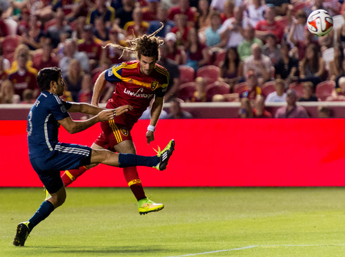 Trent Nelson  |  The Salt Lake Tribune
Real Salt Lake's Kyle Beckerman (5) heads the ball at the goal as Real Salt Lake hosts Vancouver Whitecaps FC at Rio Tinto Stadium in Sandy, Saturday July 19, 2014.
