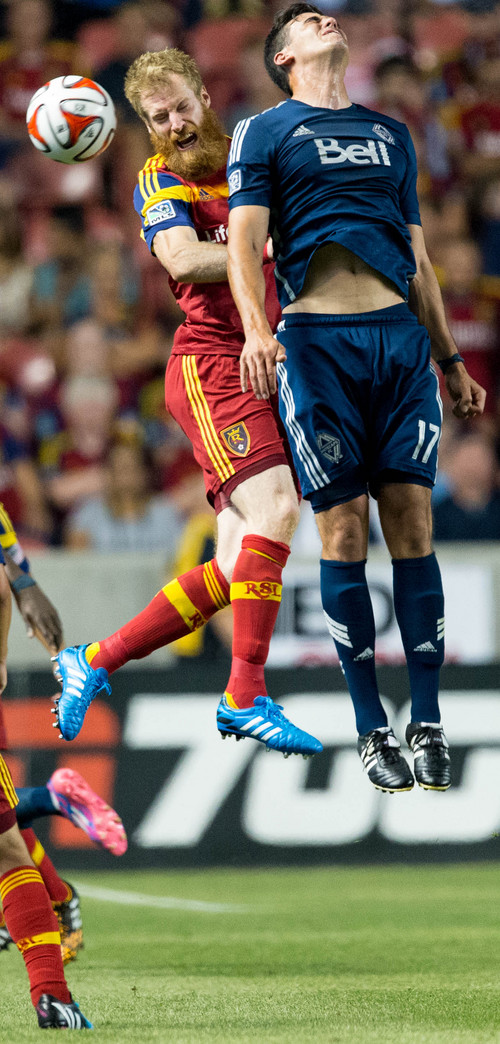 Trent Nelson  |  The Salt Lake Tribune
Real Salt Lake's Nat Borchers (6) heads the ball, Vancouver's Omar Salgado (17) at right, as Real Salt Lake hosts Vancouver Whitecaps FC at Rio Tinto Stadium in Sandy, Saturday July 19, 2014.