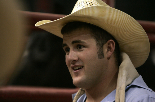 Kaycee Feild (cq), a bareback rider from Elk Ridge, Utah, gets ready to ride Wednesday, July 16, 2008 during the Days of 47 Rodeo at Energy Solutions Arena in Salt Lake City. Wednesday marked the first night of the 2008 Days of 47 Rodeo with many events like steer, wrestling, tie down roping, saddle bronc riding and bull riding.7/16/08 (Jim Urquhart/The Salt Lake Tribune)
