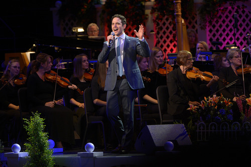 Leah Hogsten  |  The Salt Lake Tribune
Santino Fontana sings with the Mormon Tabernacle Choir and Orchestra at Temple Square during the "A Summer Celebration of Song" Pioneer Day concert, July 18, 2014 at the Conference Center.