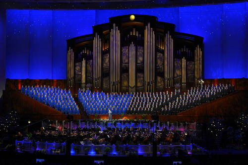 Leah Hogsten  |  The Salt Lake Tribune
 Santino Fontana sings with the Mormon Tabernacle Choir and Orchestra at Temple Square during the "A Summer Celebration of Song" Pioneer Day concert, July 18, 2014 at the Conference Center.