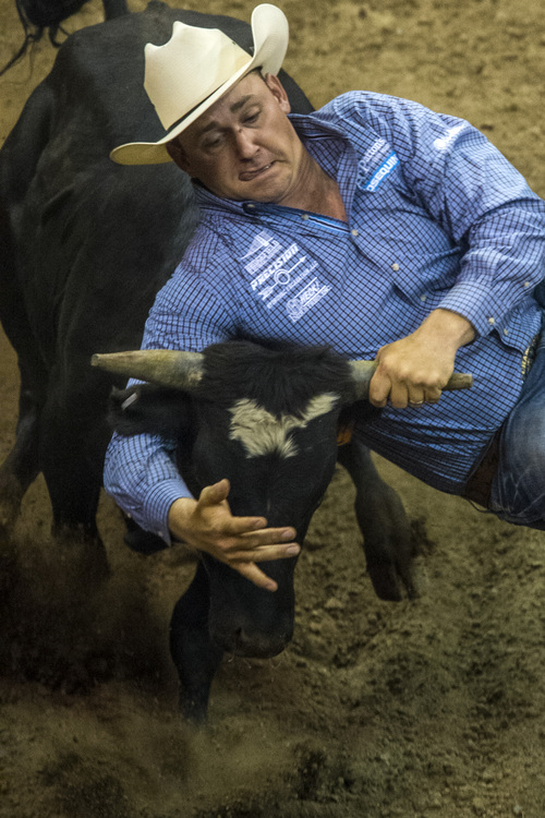 Chris Detrick  |  The Salt Lake Tribune
Casey Martin, of Sulphur, La., competes in steer wrestling during the Days of '47 Rodeo at EnergySolutions Arena Tuesday July 22, 2014.