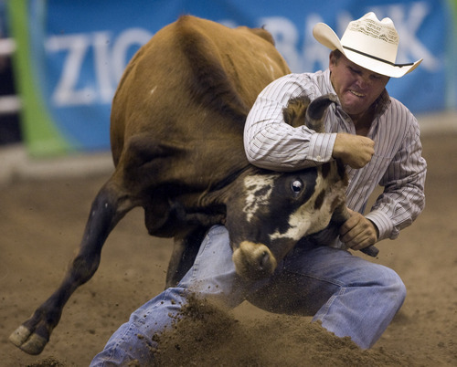 Rick Egan  | The Salt Lake Tribune 

Jeremy Gardner, Live Oak, CA, competes in the Steer Wrestling competition, in the Days of '47 Rodeo at EnergySolutions Arena, Wednesday, July 24, 2013.