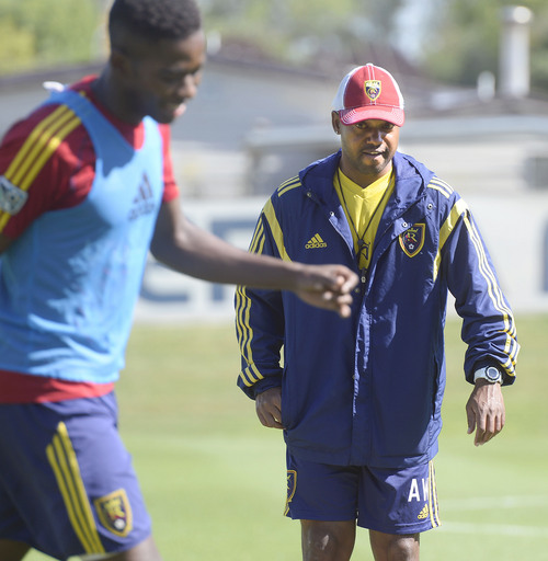 Al Hartmann  |  The Salt Lake Tribune 
Andy Williams coaches Real Salt Lake players at practice Tuesday July 22.  He's made a transition from playing days to scouting in the front office to coaching.   Williams, now an assistant coach, remains the lone RSL original still associated with the club.