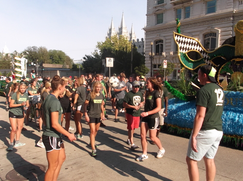 Sean P. Means  |  The Salt Lake Tribune
Members of Utah Valley University's soccer team kick the ball around before the 2014 Days of '47 Parade in downtown Salt Lake City, Thursday, July 24, 2014.