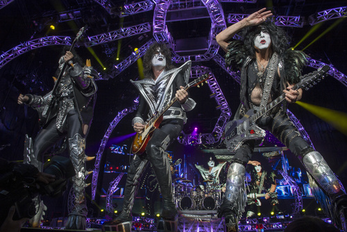 Rick Egan  |  The Salt Lake Tribune

Gene Simmons, Tommy Thayer and Paul Stanley perform with KISS,  as they play a sold-out show at the USANA Amphitheatre in West Valley City, Monday, June 23, 2014.