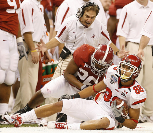 Chris Detrick | The Salt Lake Tribune

Alabama head coach Nick Saban yells at Alabama defensive back Ali Sharrief (26) after he tackled Utah wide receiver Freddie Brown (88) as the Utes face Alabama in the 4th quarter of 75th annual Sugar Bowl in New Orleans, Friday, January 2, 2009.