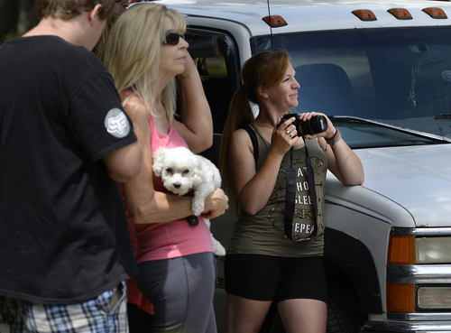 Scott Sommerdorf   |  The Salt Lake Tribune
Judy Gavin, with her dog "Bentley" watch as Connie Cook makes photos of the firefighting aircraft in action over the hills east of Springville, Saturday, July 26, 2014.