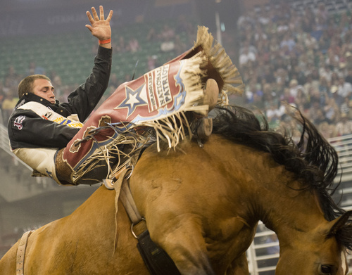 Rick Egan  |  The Salt Lake Tribune

Kaycee Feild, Spanish Fork, Utah, rides in the bareback competition, at the Days of 47 Rodeo, at EnergySolutions Arena, Saturday, July 26, 2014