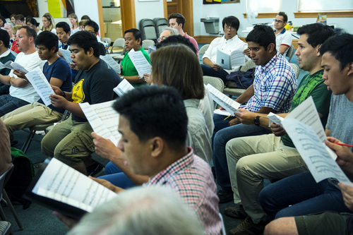 Chris Detrick  |  The Salt Lake Tribune
Members of the Salt Lake Choral Artists, community singers and guests from the Philippines sing during a choir camp practice Friday July 11, 2014.