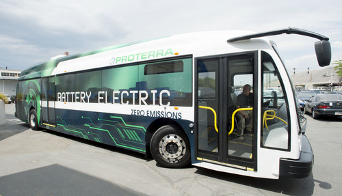 Steve Griffin  |  The Salt Lake Tribune


A Proterra battery electric 40-foot bus at UTA offices in Salt Lake City, Utah Monday, July 28, 2014. UTA is considering buying some of the $825,000 buses.
