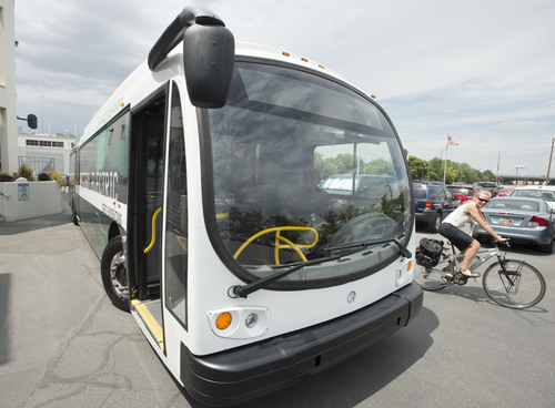 Steve Griffin  |  The Salt Lake Tribune


A Proterra battery electric 40-foot bus at UTA offices in Salt Lake City, Utah Monday, July 28, 2014. UTA is considering buying some of the $825,000 buses.