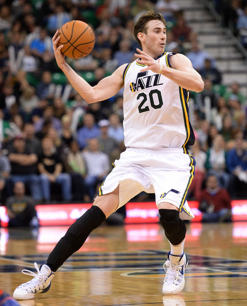 Steve Griffin  |  Tribune file photo

Utah Jazz shooting guard Gordon Hayward #20 looks to pass during second half action in the Jazz versus New Orleans Pelicans basketball game at EnergySolutions Arena in Salt Lake City Thursday, November 14, 2013.