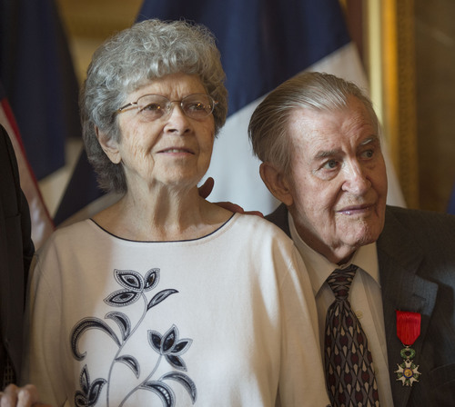Steve Griffin  |  The Salt Lake Tribune


World War II veteran Dean C. Larson stands with Dorothy Larson, his wife of 68 years, after he was awarded the French Legion of Honor in the Gold Room at the Utah Capitol Thursday, July 31, 2014. He was given the honor by the French government for the merit and bravery he exhibited while fighting on French territory during World War II.