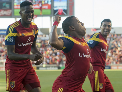 Rick Egan  |  The Salt Lake Tribune

Real Salt Lake forward Jou Plata (8) does a dance along with Real Salt Lake forward Olmes Garcia (13) and Real Salt Lake midfielder Javier Morales (11), as they celebrate Plata's first period goal, in MLS action at Rio Tinto Stadium, Wednesday, July 30, 2014