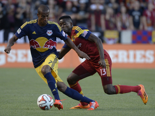 Rick Egan  |  The Salt Lake Tribune

New York Red Bulls defender Roy Miller (7) and Real Salt Lake forward Olmes Garcia (13) go after the ball, in MLS action at Rio Tinto Stadium, Wednesday, July 30, 2014