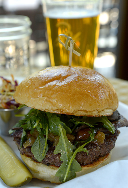 Leah Hogsten  |  The Salt Lake Tribune
The Lux Burger with foie gras, truffle, bourbon carmelized onions and arugula, $32. Burgers & Bourbon, a restaurant inside the Montage Deer Valley that specializes in hamburgers and bourbon, July 25, 2014.