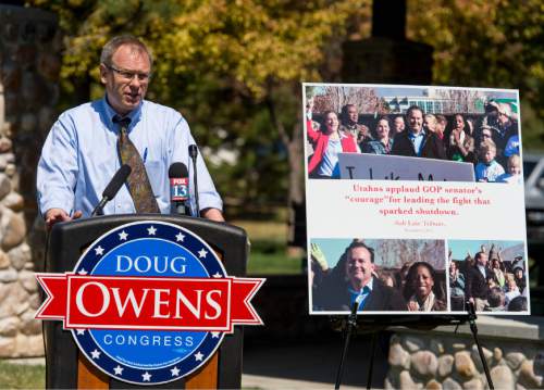 Trent Nelson  |  The Salt Lake Tribune
Outgoing Rep. Jim Matheson formally endorsed candidate Doug Owens, the Democrat seeking to replace him, at a press event in South Jordan, Tuesday June 3, 2014.