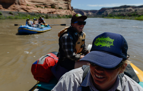 Francisco Kjolseth  |  The Salt Lake Tribune
SPLORE river guide Becky Van Horsen, front, leads a trip down the Colorado River as she teaches her new staff member Jill Dyer the ropes.