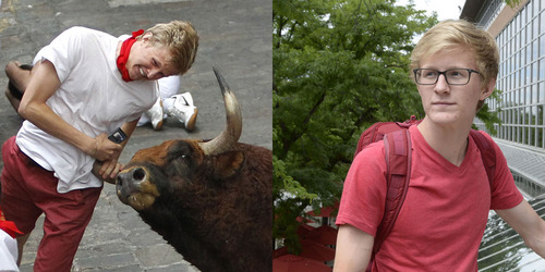 Al Hartmann  |  The Salt Lake Tribune 
Patrick Eccles, 20, of Logan was gored this week in 2013 during the running of the bulls in Pamplona.  A year later he is back at the University of Utah and getting on with graduating.