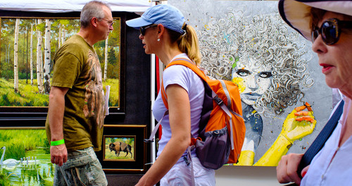 Trent Nelson  |  The Salt Lake Tribune
Paintings by Darrell Thomas, left, and Jimmi Toro, right, at the Park City Arts Festival, Saturday August 2, 2014.