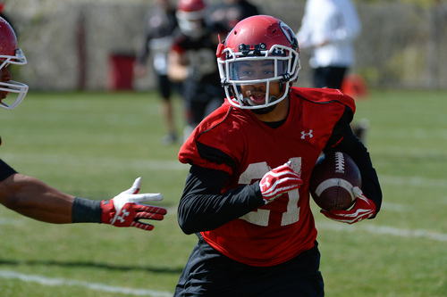 Franciso Kjolseth  |  The Salt Lake Tribune
Troy McCormick stays out of arms reach as the University of Utah football team gets ready for the season during Spring practice at the Spence Eccles Football Facility on Thursday, April 17, 2014.