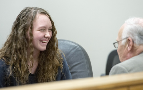 Rick Egan  |  Tribune file photo

Defense attorney Dean Zabriskie shares a laugh with Meagan Grunwald, a teen charged in connection with fatal officer shooting in Utah County, during a recess in her preliminary hearing in Judge Darold McDade's courtroom in Provo Thursday April 17, 2014