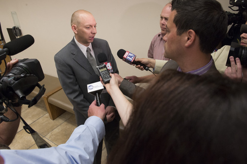 Rick Egan  |  The Salt Lake Tribune

Utah County prosecutor Sam Pead speaks with the press outside the courtroom after the preliminary hearing for  Meagan Grunwald in Judge Darold McDade's courtroom in Provo Thursday April 17, 2014. Grunwald, is charged in connection with a fatal officer shooting in Utah County.