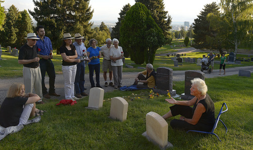 Leah Hogsten  |  The Salt Lake Tribune
Peggy Battin and friends read poetry and tell loving stories of her husband Brooke Hopkins' July 30, 2014 in the Salt Lake City Cemetery on the eve of the one-year anniversary of his passing. Hopkins battled through pain after a paralyzing 2008 bicycle injury to keep writing, resume teaching while enduring constant pain, infections and setbacks.
